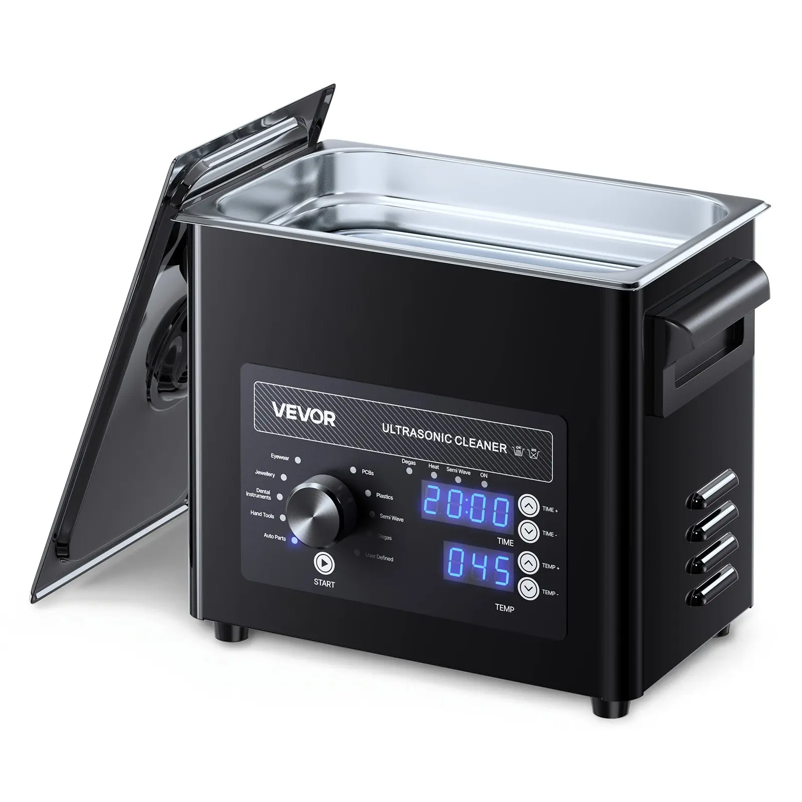 VEVOR 3L 40kHz Ultrasonic Cleaner Machine, Knob Control 304 Stainless Steel Corrosion-Resistant Unit with Basket & Cleaning Ball, Adjustable Settings, Degassing & Dual Power Modes, Digital Display for Watches, Industrial Parts, Warm‑Water Ready