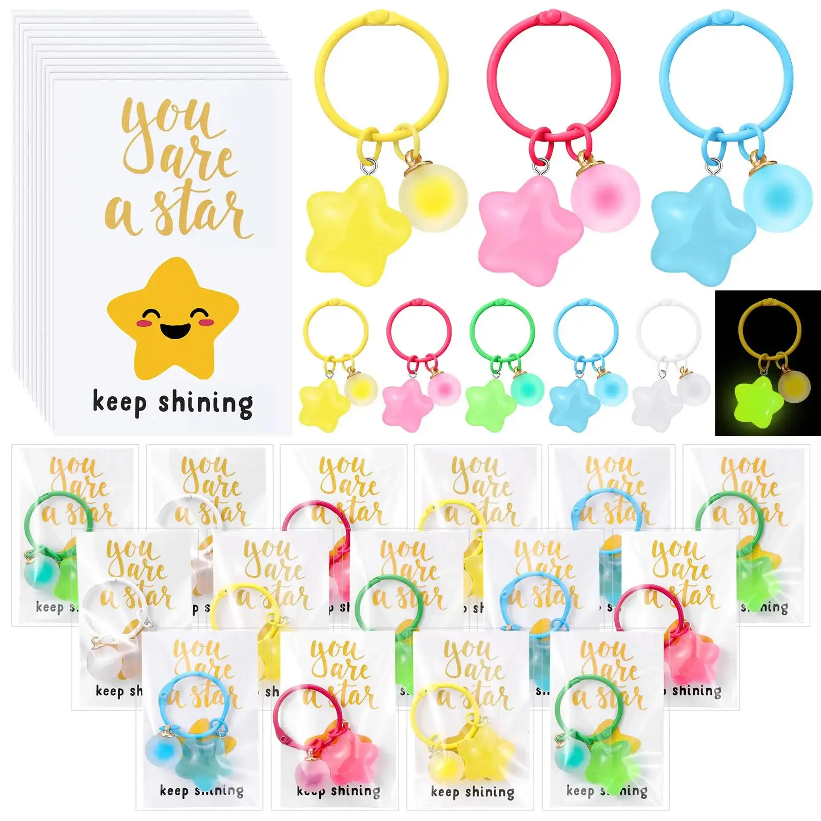 25 Bulk Glow-in-Dark Plastic Star Keychains with Positive Cards – Back-to-School Gifts, Classroom Gifts, Backpack Charms, Employee Appreciation Prizes, Plastic Keychain