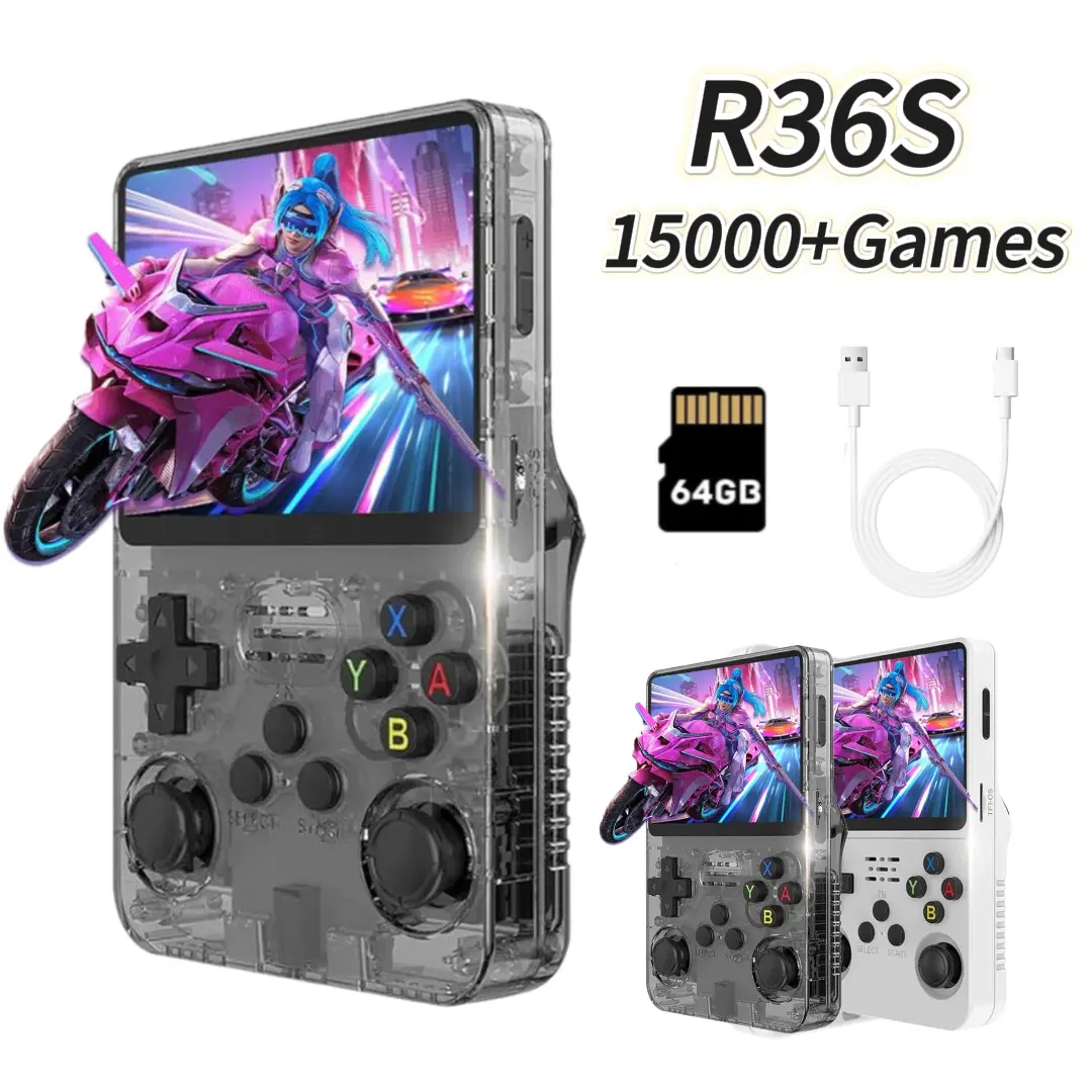 R36S Retro Handheld Game Console - Portable Pocket Game Console with 3.5-inch IPS Screen - Built-in 3200mAH Battery - 64G TF Card Pre-installed Games