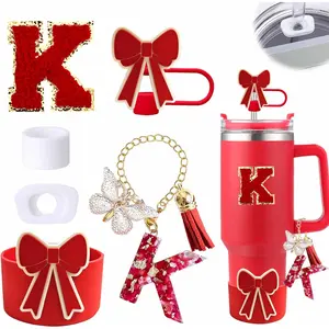 6 count Red Cup Accessories Set for  Cup 30oz 40oz tumbler with handle, Including  Straw Topper Cover Cap and Bow Boot, Spill Proof Stopper, Handle Charm, Initials Sticker (red-K)