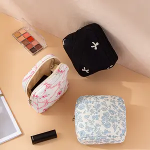 Small Quilted Cosmetic Pouch for Purse, Mini Cotton Makeup Bag with Compartments, Cute Zipper Lipstick Holder for Women