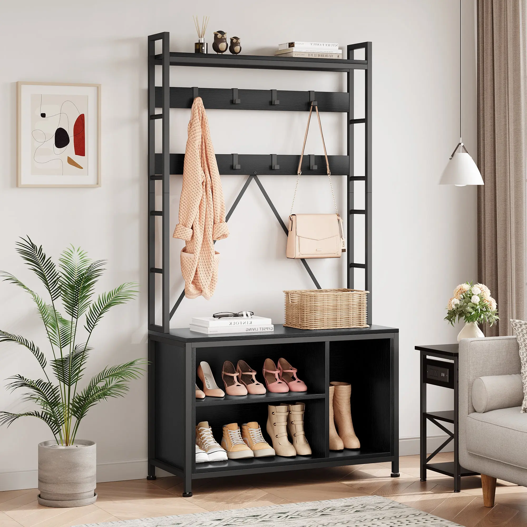 【GARVEE】Coat Rack Shoe Bench Industrial Hall Tree Storage Bench with 3 Storage Cubbies and 8 Hooks Freestanding Entryway Coat Rack with Shoe Storage