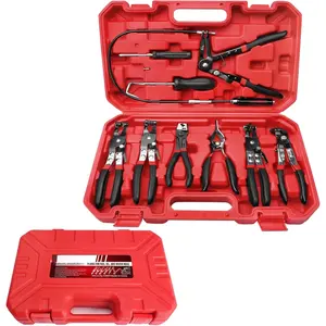 Hose Clamp 9 Count Tool with Flexible Wire, R Type Swivel Jaw, Flat Band Pliers & Red/Black Color for Coolant Radiator Heater/Water Hose
