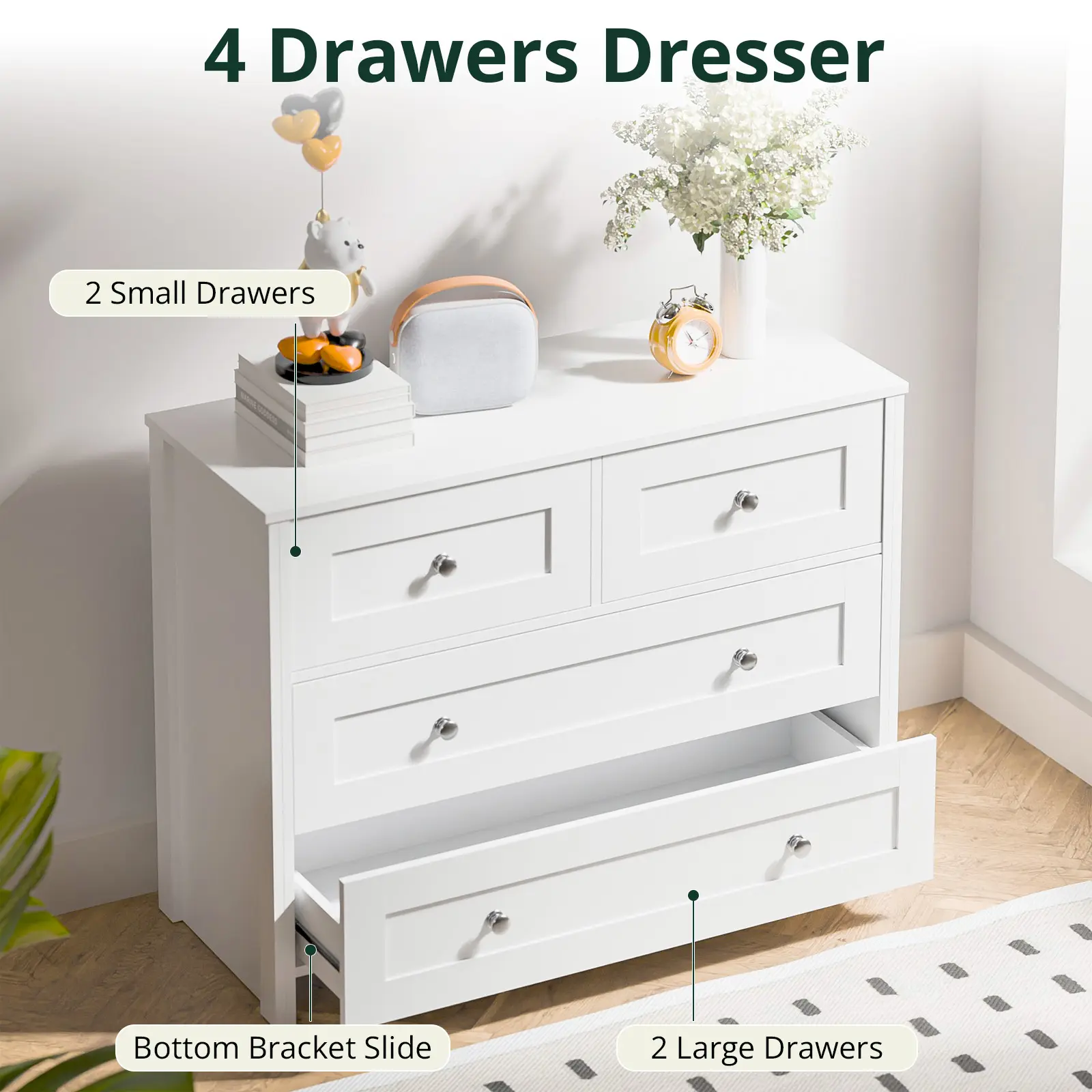 SunsGrove 40 inch Wide 4 Drawer Dresser, Modern White Wooden Chest for Home  Organization, Storage Cabinet for Bedroom, Living Room, Home Office -  TikTok Shop