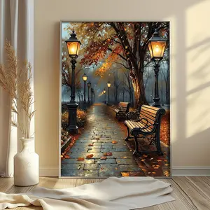 1pc Frameless Autumn Street Scene Canvas Wall Art - Vintage Street Lamps & Bench Fall Foliage Painting, Vibrant Fall Colors Home Decor for Living Room, Bedroom, Office - Ideal Gift for Friends, Fall Decorations for Home, Warm Color Palette