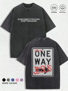 Unisex Vintage Street Style "The only way is Jesus" faith-themed printed and washed cotton T-shirt, John Gospel Bible Verse, Short Sleeve, All Seasons, Y2K & Gothic Fashion