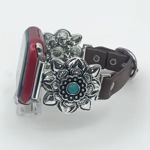 Vintage high-end Apple Watch replacement strap: blue turquoise faux leather with metal accents, plus Bohemian beads. Fits 38/40/41/42/44/45/46/49mm faces, compatible with Series 10-1 (including 6/SE). Strap only.