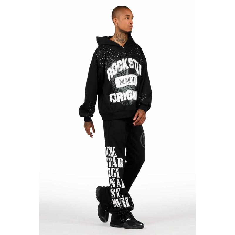 Borya Black Rhinestone Hoodie/Stacked Pant Track Set