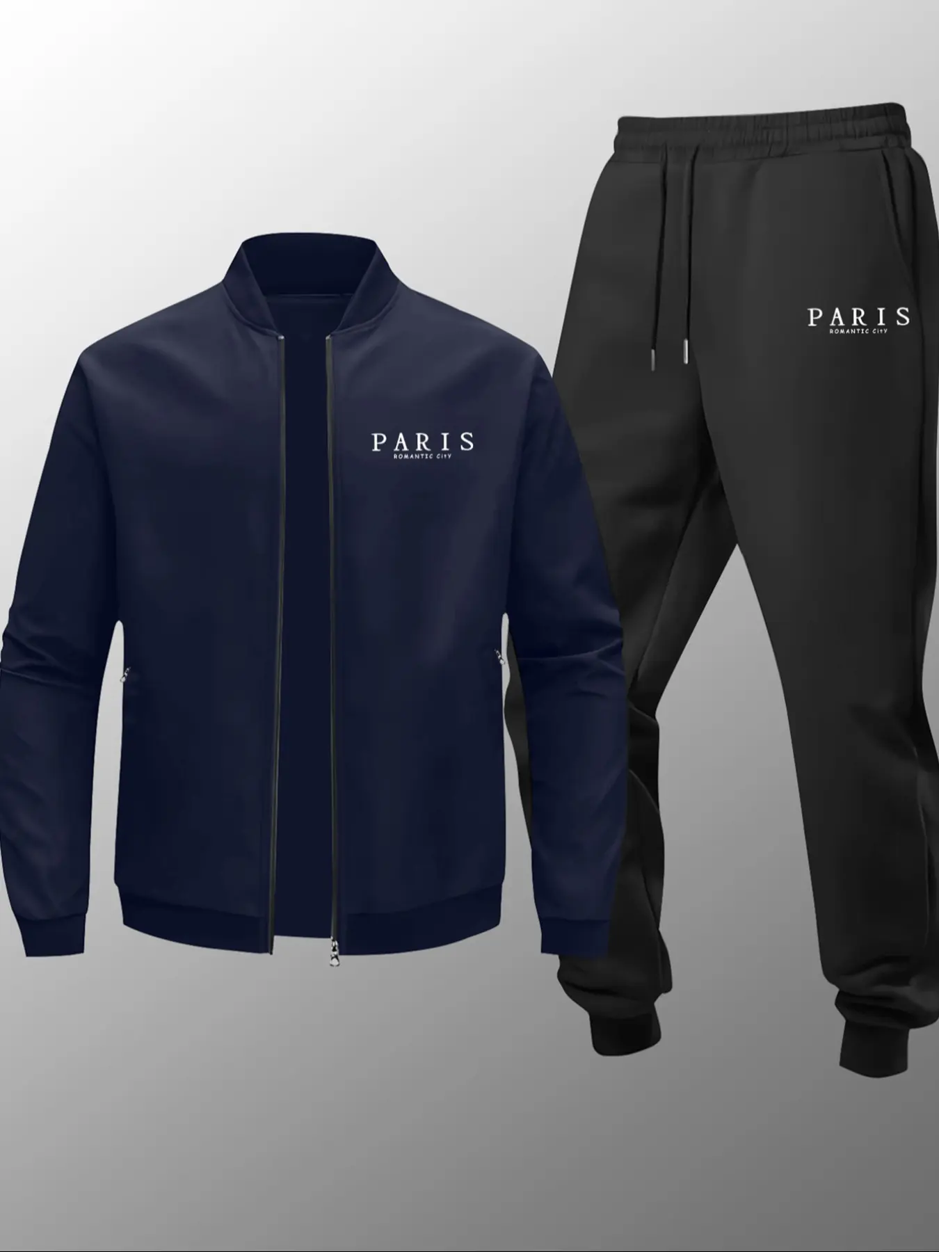 Men's Paris Letter Print Zipper Jacket and Fashion Sport Pants Set, Tracksuit Set, Casual Comfortable for Daily Use, Winter and Fall 2-Piece Set
