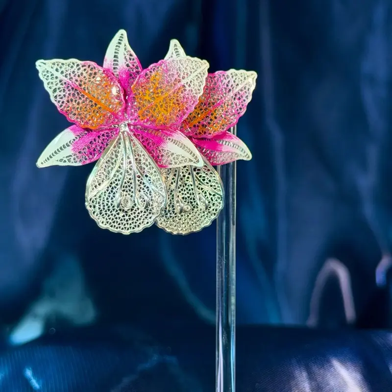 925 Sterling Silver Filigree Orchid Earrings – Hand-Painted Floral Statement Jewelry
