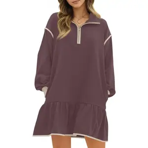 Womens Fall Oversized Sweatshirt Dress Casual Long Sleeve Quarter Zip Ruffle Hem Pullover Mini Dresses