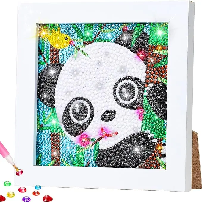 5D Diamond Gems Kits for Kids with Wooden Frame Diamond Arts and Crafts for Kids Ages 6 8 10 12 Gem Art Painting Kit Panda Diamond Dots Painting Kits for Kids Art Project