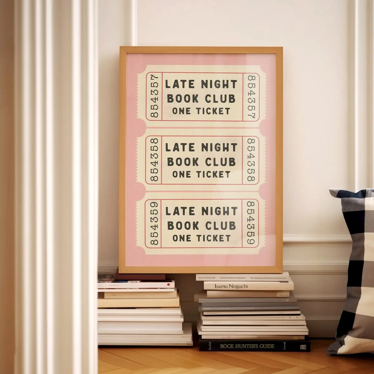 Late Night Book Club Ticket Wall Art, Pink Retro Cream Print Poster, Literary Room Decor, Unframed