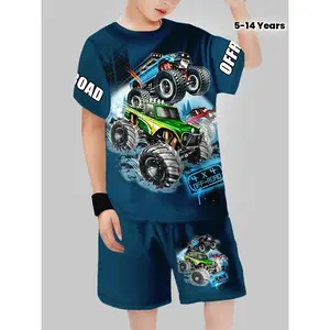 [3D Monster Truck] Durable Polyester Boys' 3D Monster Truck Print Casual Outfit - Short Sleeve T-Shirt & Shorts Set |   Machine Washable, Ideal for Summer Play, Casual Youngsters Wear | Casual Shorts Set | Elastic Comfort Fit, Perfect for Outdoor