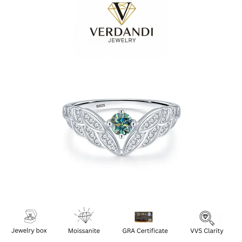 Women's 925 Sterling Silver Angel Wings Synthetic Green Moissanite Ring - Engagement Promise Ring, Trendy Gothic Artificial Gemstone Jewelry