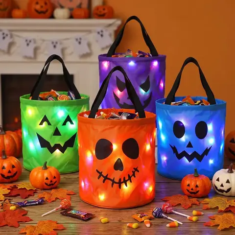 1/2 PCS Halloween Candy Bucket with LED Lights, 13.39x8.66 Inch Trick or Treat Bags Non Woven Gift Bags Pumpkin Candy Bags Reusable Tote Bags for Kids Students Adults, Night Light Bags for Garden Lawn Decorations, Halloween Christmas Party Favor Supplies