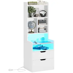 LED Tall Nightstand with Bookshelf Charging Station White