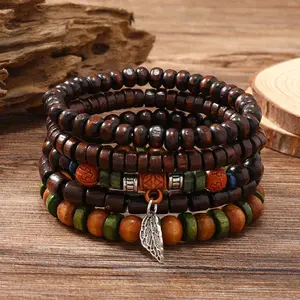 Men's Handcrafted Beaded Bracelet - Vintage-Style Sports Wristband with Leaf, Cross Designs