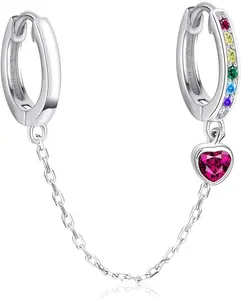 Presentski Double Hole Earrings for Women, Single 925 Sterling Silver Lightning Chain Earrings Mini 2 Hoop Zirconia Rainbow Earrings, Punk Gift Girl's Jewelry