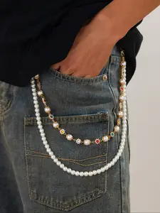 Men's Fashion Dual-Layer Faux Pearl Crystal Flower Beaded Adjustable Waist Chain, Stylish Body Chain Accessory for Casual Wear & Parties