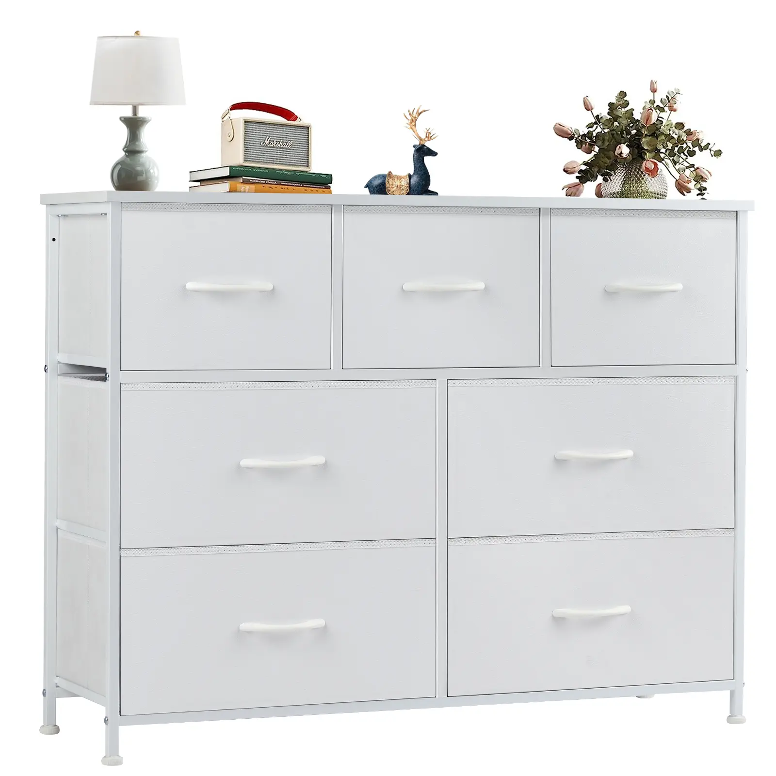 7-Drawer Fabric Bin Organizer Dresser with Wood Top - Modern Space-Saving Metal & Wood Home Storage Cabinet, Single Unit Furniture for Bedroom Closet Organization