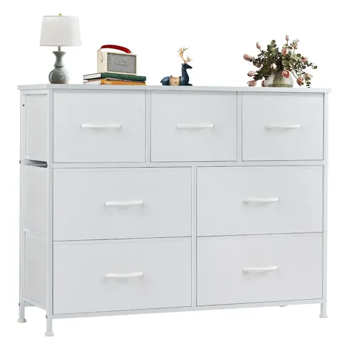7-Drawer Fabric Bin Organizer Dresser with Wood Top - Metal-Wood Modern Home Storage Cabinet, 20min Assembly, Drawers for Bedroom, Space-Saving Indoor Furniture for Room Storage & Organization