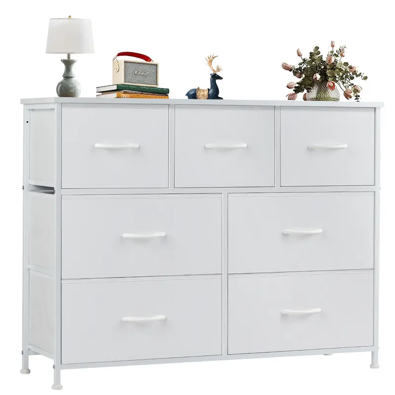 7-Drawer Fabric Bin Organizer Dresser with Wood Top - Metal-Wood Modern Home Storage Cabinet, 20min Assembly, Drawers for Bedroom, Space-Saving Indoor Furniture for Room Storage & Organization