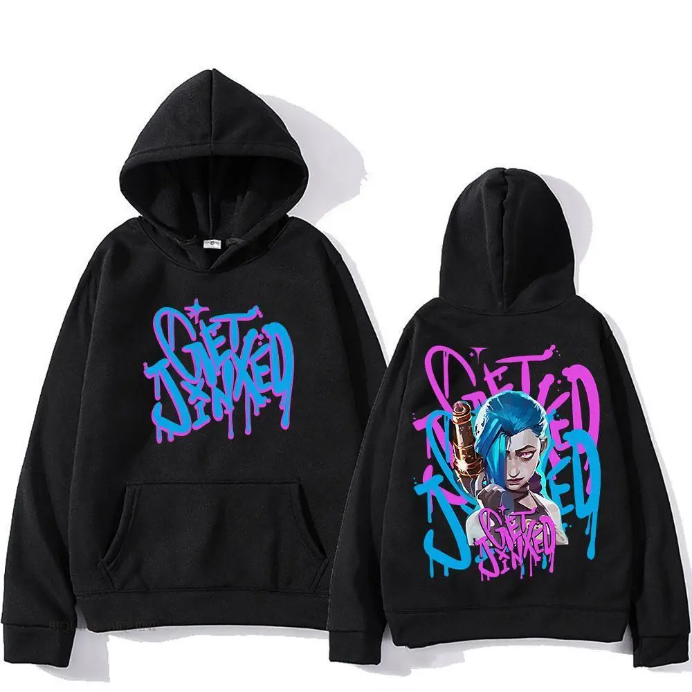 Menswear Unisex Classic Comfy Graphic Hoodie - Arcane Jinx Hip Hop Graffiti Print, Urban Street Style Sweatshirt, Long Sleeve, Graffiti Art, Gamers, Arcane Fans, Pullover Hoodie, S, Herringbone, Slogan Herringbone, None, Loose Unisex, Front Pocket, Cold W