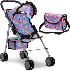 My First Baby Doll Stroller for Kids – Foldable Doll Buggy with Canopy, Storage Basket & Diaper Bag – Blue Pretend Play Carriage for Girls Ages 3+