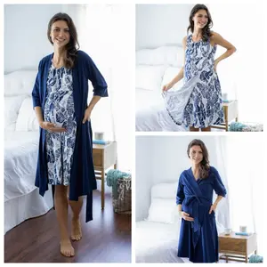 3 in 1 Maternity Labor Delivery Nursing Birthing Hospital Gown & Navy Blue Maternity Delivery Robe Set
