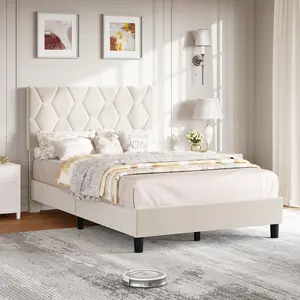 Beige Twin-XL Bed Frame with Upholstered Headboard Heavy-Duty Platform Bed Frame with Strong Wood Slats No Box Spring Needed/Noise Free/Easy Assembly