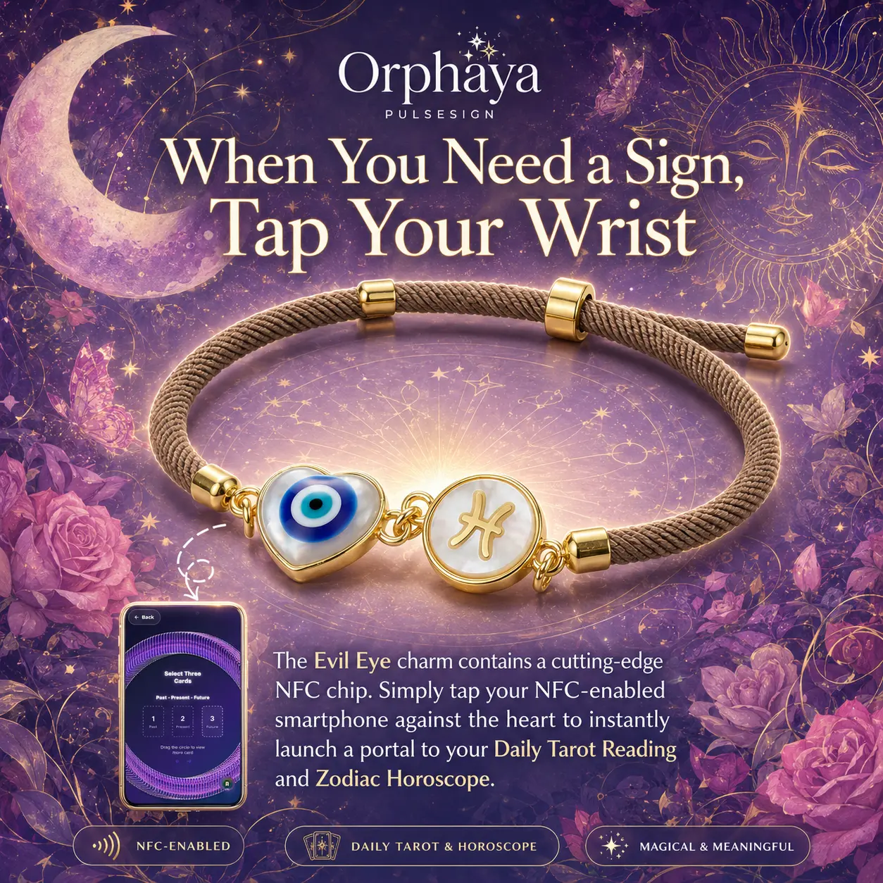 NFC Zodiac Bracelet with AI Tarot Reading, Daily Horoscope Access (With 4 Interchangeable Cords) - No App Needed, One Tap Cosmic Guidance Bracelet for Men Women