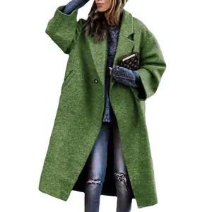 Women’s Oversized Long Wool Blend Coat – Lapel Collar, Single-Breasted, Long Sleeves, Trench Style, Casual Wear for Autumn/Winter