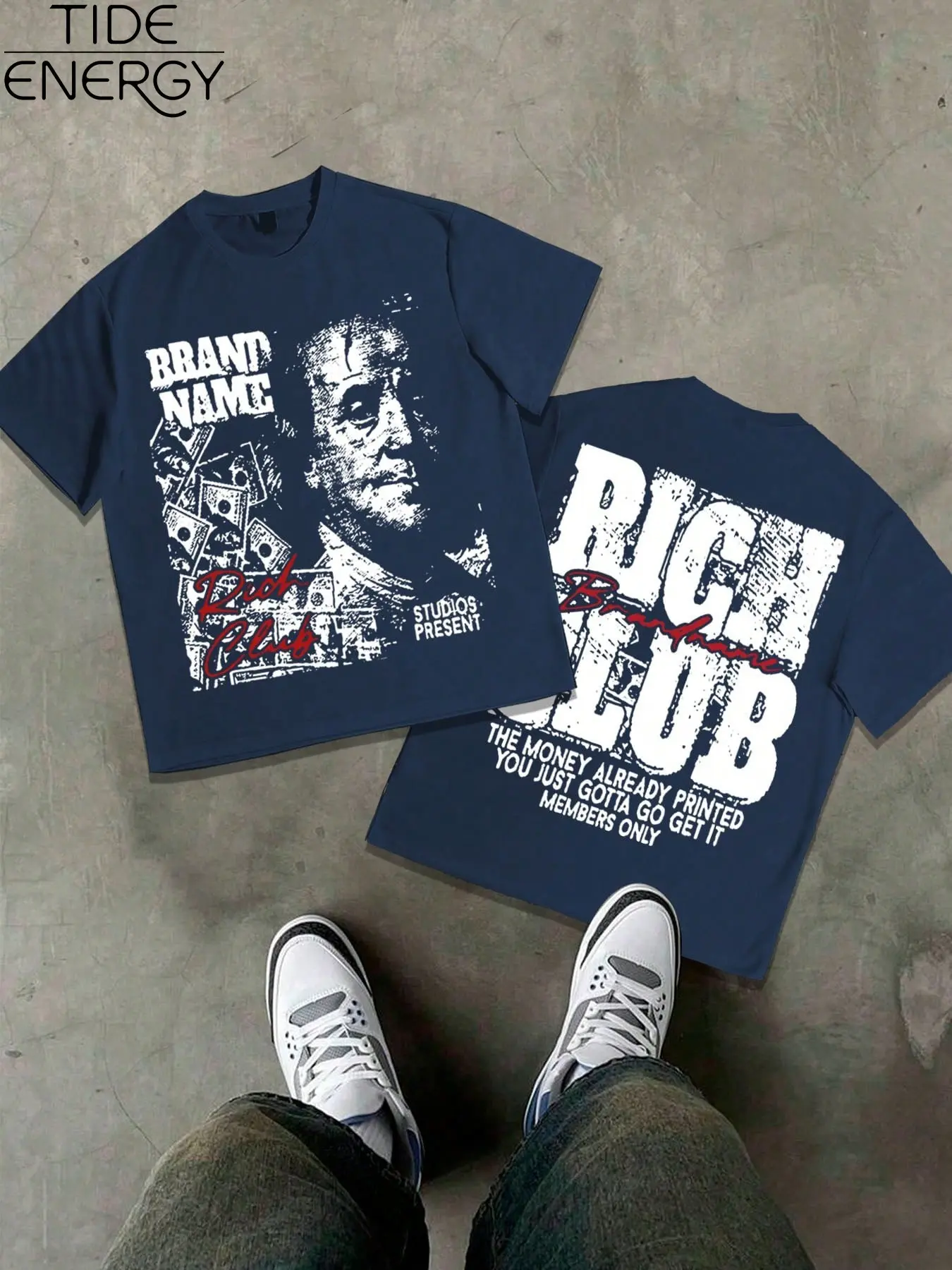 Men's Rich Club Street Style T-Shirt, Casual Style Tee, Benjamin Franklin Quote Print, Navy Oversized Top, Casual Hip Hop Short Sleeve, Streetwear, Menswear