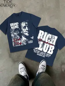 Men's Rich Club Street Style T-Shirt, Benjamin Franklin Quote Print, Navy Oversized Top, Casual Hip Hop Short Sleeve