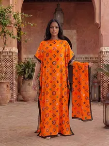 Women's Elegant Geometric Print Robe Set, Fitted Long Dress & Scarf Headband, Beach Sun Protection Satin Silk Shawl, All Seasons