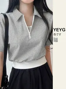 Women's 2025 New Summer Fashionable Elegant Color-Block Striped Collared Short-Sleeve T-Shirt - Slim-Fit, Figure-Flattering, Unique Polo-Collar Top, Polo Shirts