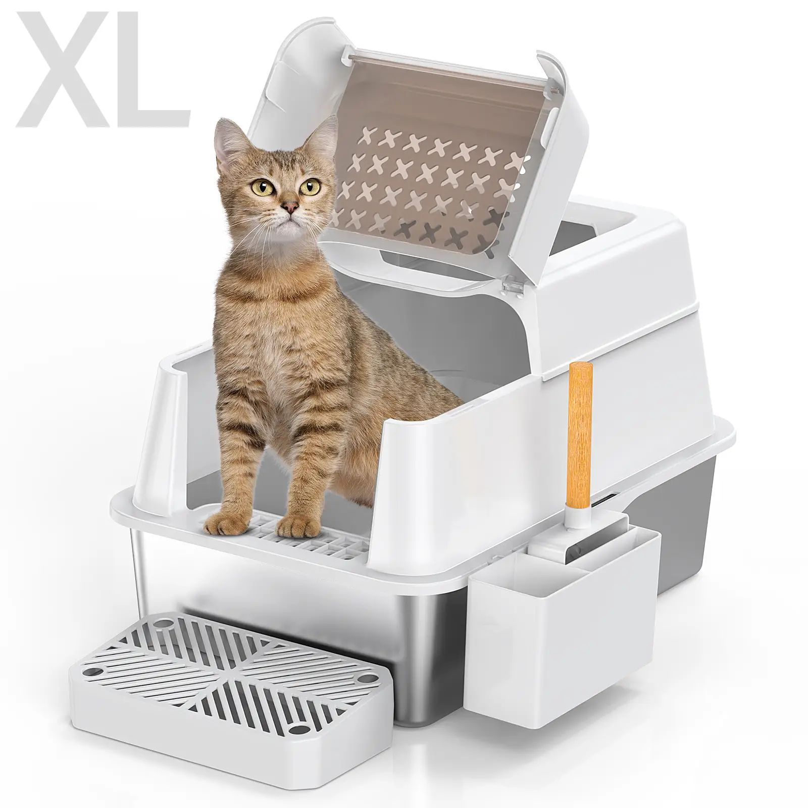 XL Stainless Steel Litter Box with Lid, XL Extra Large Enclosed Cat Litter Box for Big Cats, 110° Flip Cover, Top Entry, Anti-Leakage Features