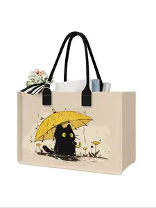 Large Capacity Cat Pattern Storage Bag, Durable Handle, Space Saving Multi-Purpose, Ideal for School, Travel, Shopping, Tote Bag, Reusable Shopping Bags