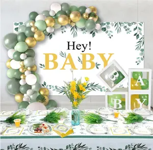 Sage Green Baby Shower Decorations Neutral Balloon Garland Kit Baby Boxes Paper Plates Napkins Tablecloth Satin Backdrop Party Supplies