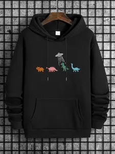 Unisex Men's Cartoon Dinosaur Print Essentials Hoodie, Regular Fit Casual Drawstring Pocket Drop Shoulder Hooded Sweatshirt, Mens Clothes for Daily Outdoor Wear