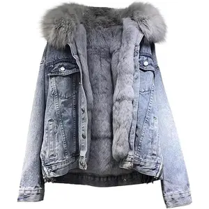 Women Denim Jacket with Fur Thicken Warm Wool Outwear Winter Parka Shacket Sherpa Fleece Lined Hooded Denim Jean Jacket Coat