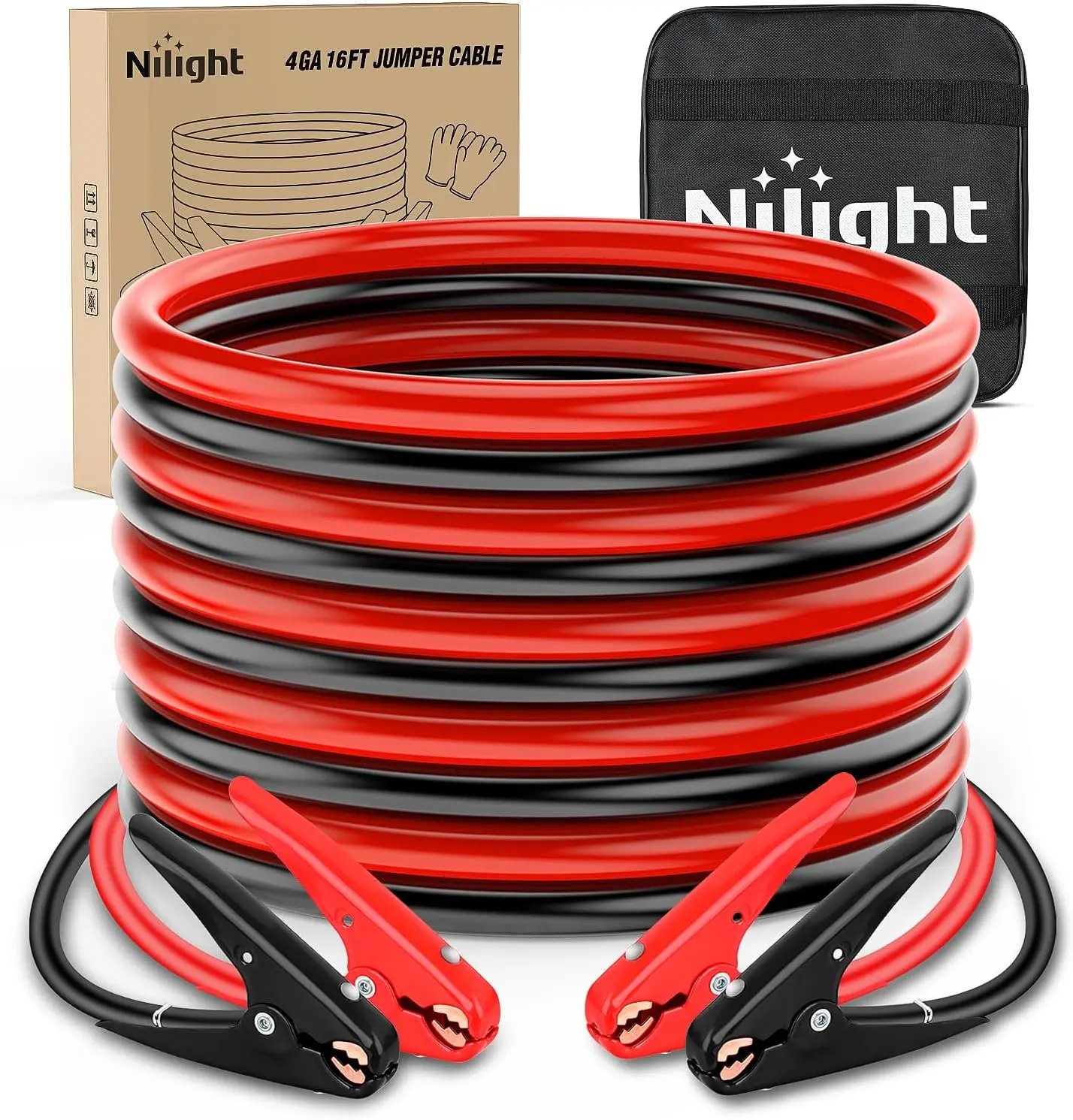 Nilight 4-Gauge 25 FT Tangle-Free Vehicle Automotive Car Battery Jumper Cables, 600A Peak High-Power Heavy-Duty Booster Cables with Carrying Bag, Emergency Jump Start Kit for Pickup Trucks, SUVs
