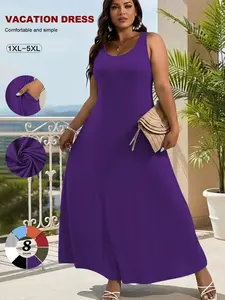 2026 Women's Plus Size Sleeveless Maxi Dress, Sexy Scoop Neck A-Line Vacation Dress, Summer Tummy Control Beach Cover Up with Pockets