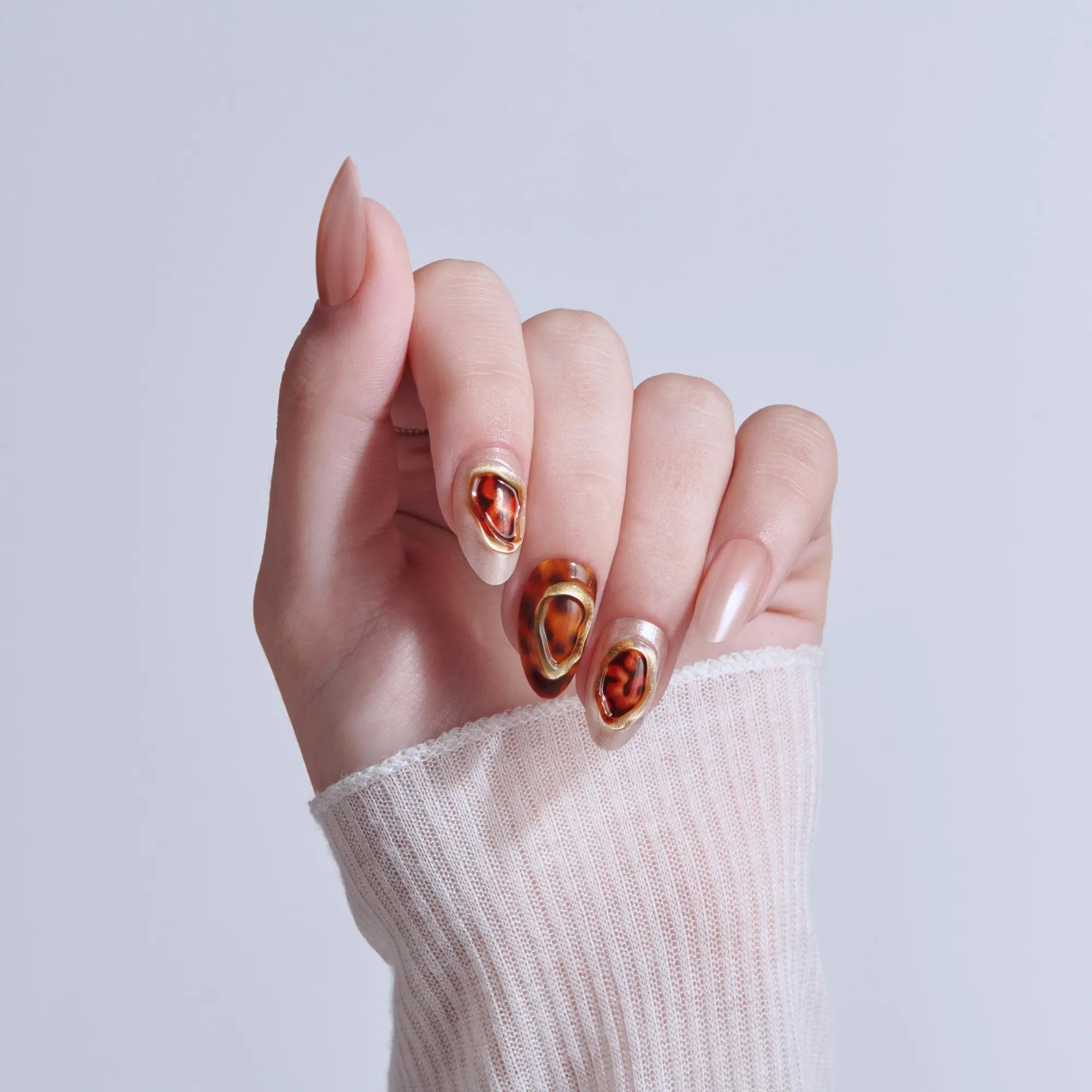 Kiss Nail Drip Press On Fake Glue Nails - Lively Whisper | 3D & Jewel Design, Brown & Gold, Medium, Almond