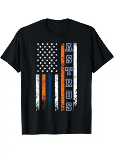 Mens Retro Vintage USA Flag T-Shirt - Houston Graphic, Casual Crew Neck, Short Sleeve, 180g, Black with Stars & Stripes Design, Distressed Look, Machine Washable
