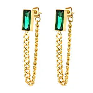 Drop Chain Earrings for Women – 18K Gold Plated with Emerald Green Baguette Crystal Studs – Waterproof, Hypoallergenic Statement Jewelry Gift