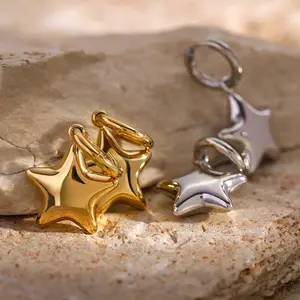 Oufer Stainless Steel Bubble Star Non Tarnish Hand Polish Charm Dropped Hoop Pair of Earring