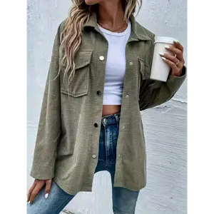 Green Corduroy Blouse | 100% Polyester Elegant Green Blouse for Women – Long-Sleeve Button-Up with Lapel Collar, Pockets, Machine Washable — Perfect for Spring and Autumn