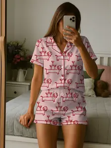 Women’s Dachshund Pajama Set, Martini & Weenies Print, Short Sleeve Satin Sleepwear, Dog Pajama, PJs Family, Pajama Gifts for Her